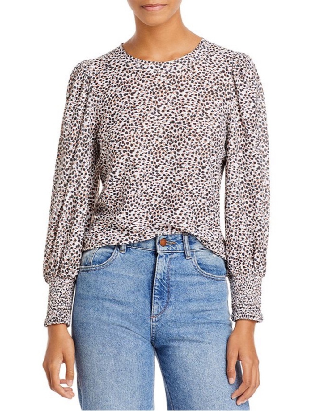 NATION LTD Loren Printed Balloon Sleeve Top Puff Shoulder Spotted Leopard Large